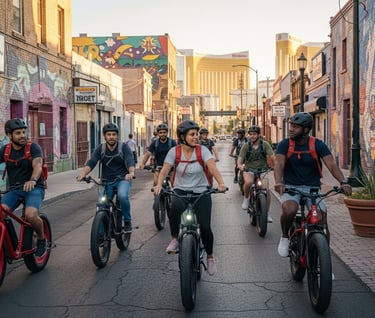 a group of people riding bikes through the arts district portion of las vegas