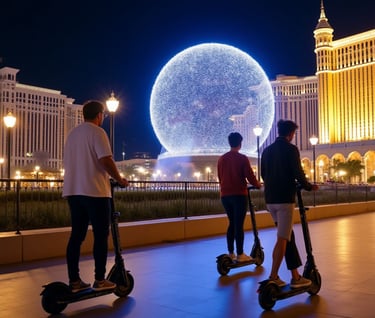 two friends riding e-scooters in front of the sphere in las vegas