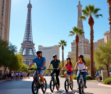 four tourists riding bikes in front of the paris hotel