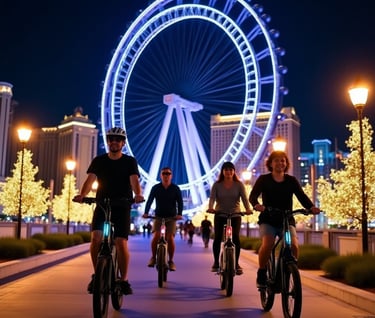 a tour guide takes three customers on a guided electric bike tour at night 