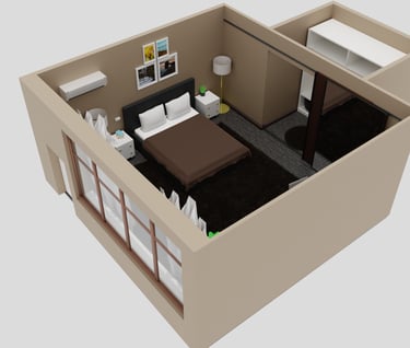 a small apartment with a bed and a couch visualized from outside