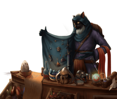 a cat seller selling trinkets and magic equipment