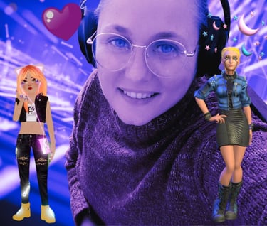 a woman with headphones and a doll in front of a photo of a woman