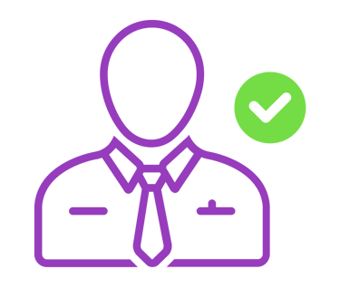 Homme en costume-cravate accompagné d’un symbole de validation en violet