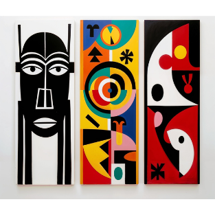 three paintings of abstract art deco, including a painting of a man's face