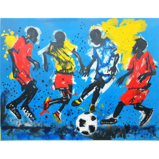 a painting of a soccer player kicking a soccer ball