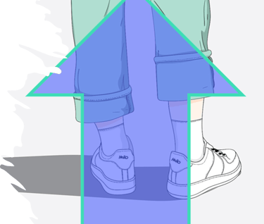a person standing in front of a blue arrow pointing up