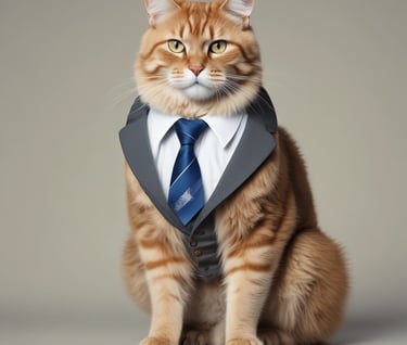 An orange tabby cat dressed in a professional grey business suit with a white shirt and blue necktie.