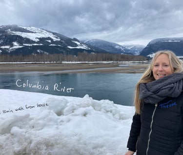 Theone walking along Columbia River near Revelstoke