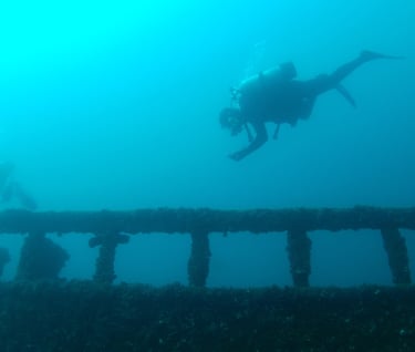 a scuba diver exploring shipwreck in lake huron michigan