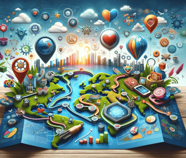 a map of the world with marketing symbols