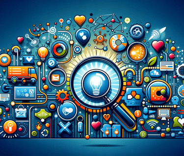 a cloud of various objects and symbols in a blue background