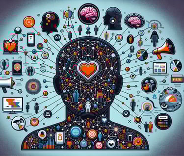 a person with a heart and marketing symbols