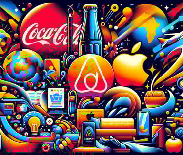 a colorful poster of a coca cola, apple and airbnb logos
