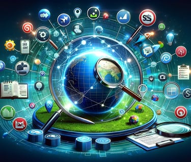 a globe with a magnifying lens with marketing symbols