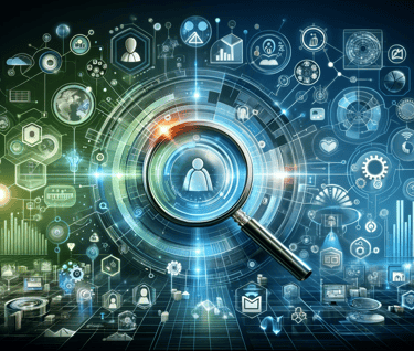 a magnifying glass and business symbols