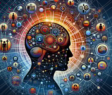 a person's head and shoulders are shown with a brain map