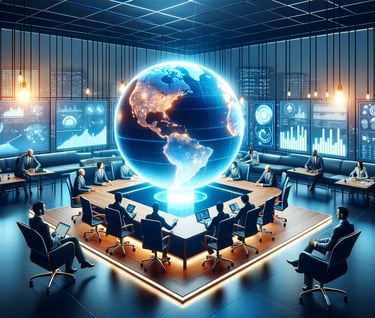 a group of people sitting around a table with a globe