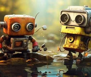 two robots are standing in the water