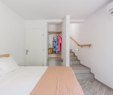 a bedroom with a bed and a closet