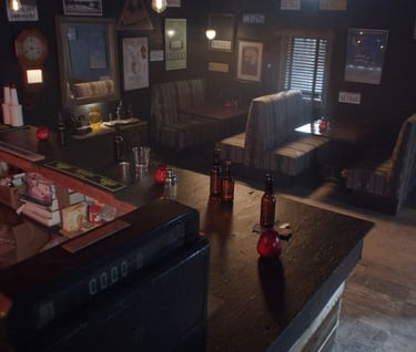 Film set rental Los Angeles, Grayfox Studios bar room with booths, counter, and vintage decor.