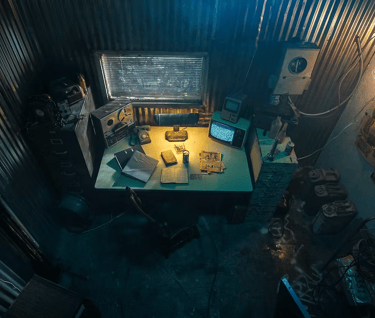 Industrial bunker set at Grayfox Studios featuring dark walls, moody lighting