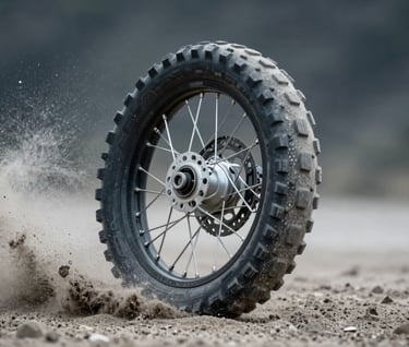 A close-up action shot of a motorcycle tire spinning through soft sand, throwing a spray of cool grey dust into the air. Sharp focus on the tire tread, with a blurred dark charcoal background. High energy and adventurous.