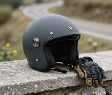 A Dark Charcoal motorcycle helmet and worn leather gloves resting on a Concrete Grey stone wall in the Global / Western countryside, soft bokeh background showing a winding road.