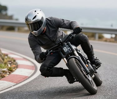 An action shot of a rider leaning into a sharp turn on a coastal Global / Western road. The motion is captured with a slight blur, featuring a cool silver helmet and dark charcoal gear.