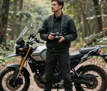 A lifestyle portrait of a photographer with a camera standing next to a motorcycle in a Global / Western forest. The scene is lit by soft, natural light, reflecting a sophisticated, adventurous mood.
