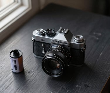 A top-down still life of an old mechanical film camera and rolls of film on a dark charcoal wooden table. Soft, off-white light spills from a nearby window. A classic Global / Western interior setting.