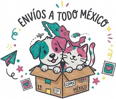 Ilustración de un perro y un gato salinedo de una caja que representa los envios a todo México
