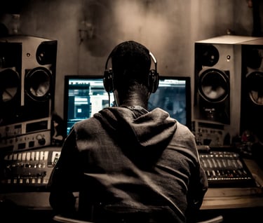 a man in a hoodie is sitting at a recording desk