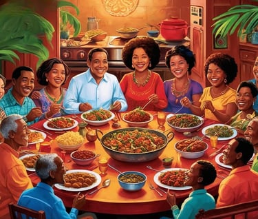 Grande famille afro-créole réunie autour d’un repas traditionnel fait maison, avec des plats variés 