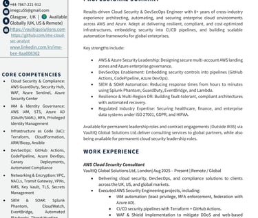 Page 1 of Ime Cloud Security Engineer CV showing profile summary, core skills, and career highlights