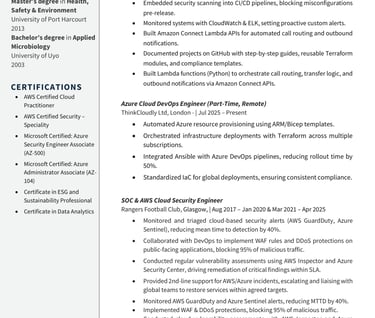 Page 2 of AWS Cloud Security Engineer CV detailing professional experience, projects, cloud security
