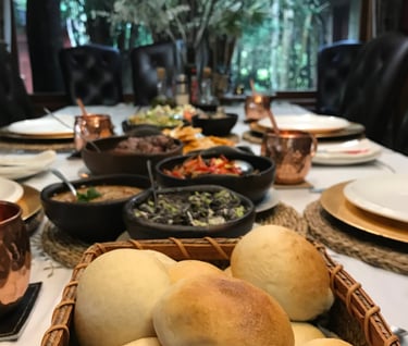 Family table with bread and condiments