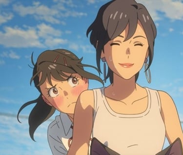 screenshot from suzume, suzume and tamaki ride a bike together (suzume looks flustered, tamaki smug)