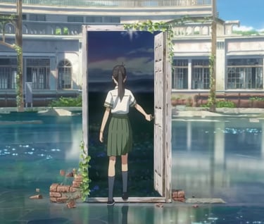 screenshot from suzume, suzume standing in a flooded town before a door to an alt. dimension.