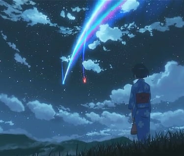 screenshot from your name., mitsuha at night looking up at the fragment falling from the comet