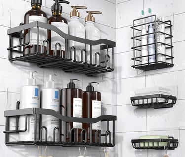 a bathroom with a lot of soap and soap