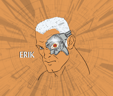 Picture of Erik Schneider, the twins' father. Prosthetics covers a quarter of his left face.