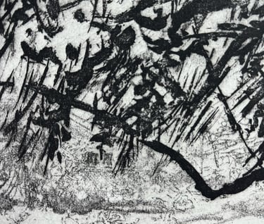 Detail from Dumfries House through the trees - etching