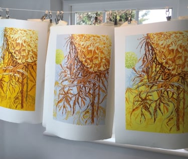 Linocut edition: Marigolds three ways