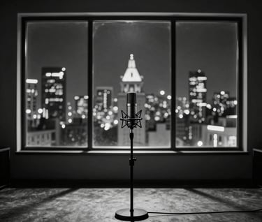 Atmospheric black and white shot of a dimly lit studio. A large window shows a blurred Mexican city skyline at night. The interior is empty except for a single professional microphone on a stand. Silent and thoughtful mood.