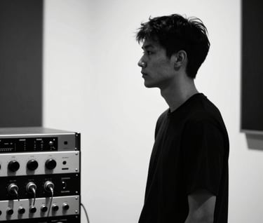 Minimalist portrait of an artist in a sound studio. Only the silhouette and the clean lines of the audio equipment are visible against a white wall. North American artistic aesthetic, black and white.