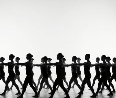 Black and white photography, a minimalist capture of rhythmic movements during a large-scale performance, high contrast silhouettes against a bright white background, elegant and orderly.