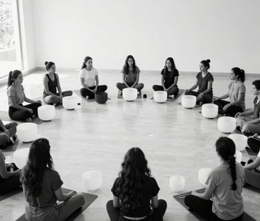 A group of people in Mexico gathered in a circle for a sound meditation. Minimalist, high contrast black and white photography. The composition is wide, showing a lot of negative space in a clean, modern hall.