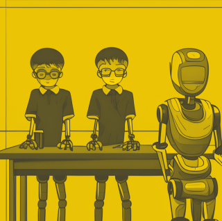 grupo de estudiantes con un robot e inteligencia artificial