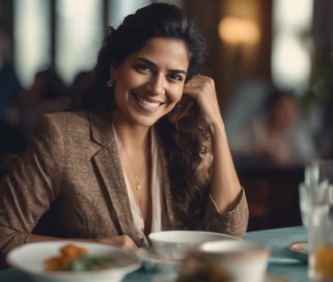 a woman sitting at a table with a cup of coffee